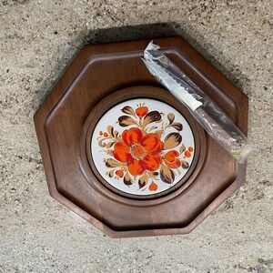 Vintage Goodwood Teak Cheese Board with Orange Floral Ceramic Tile and Knife